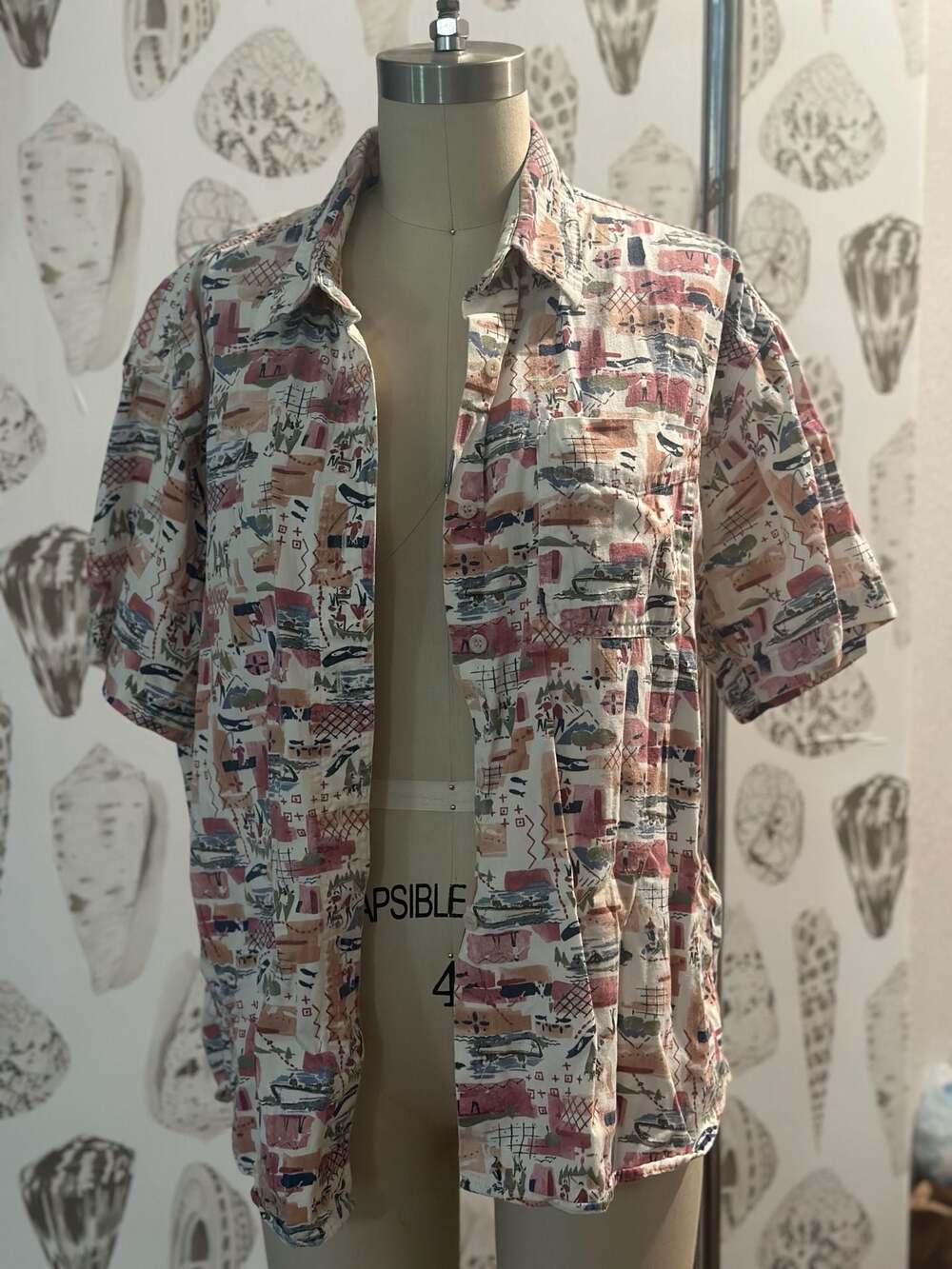 Woolrich Vintage 100% Cotton Fishing Print Short Sleeve Button Down Shirt Size M